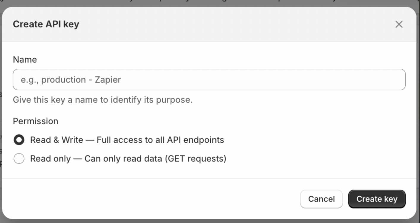 Appstle Create API key window with Read & Write permission selected