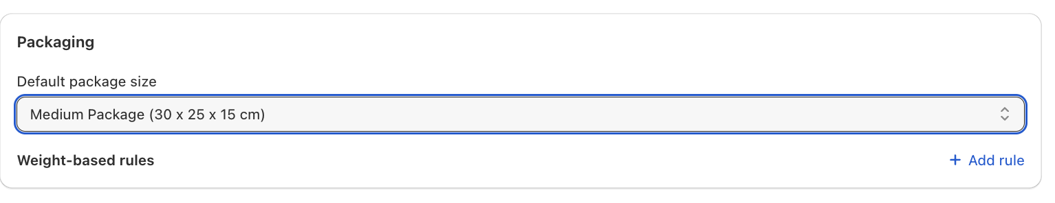 Shows the Gophr Packaging card with a default package size and the Add rule link