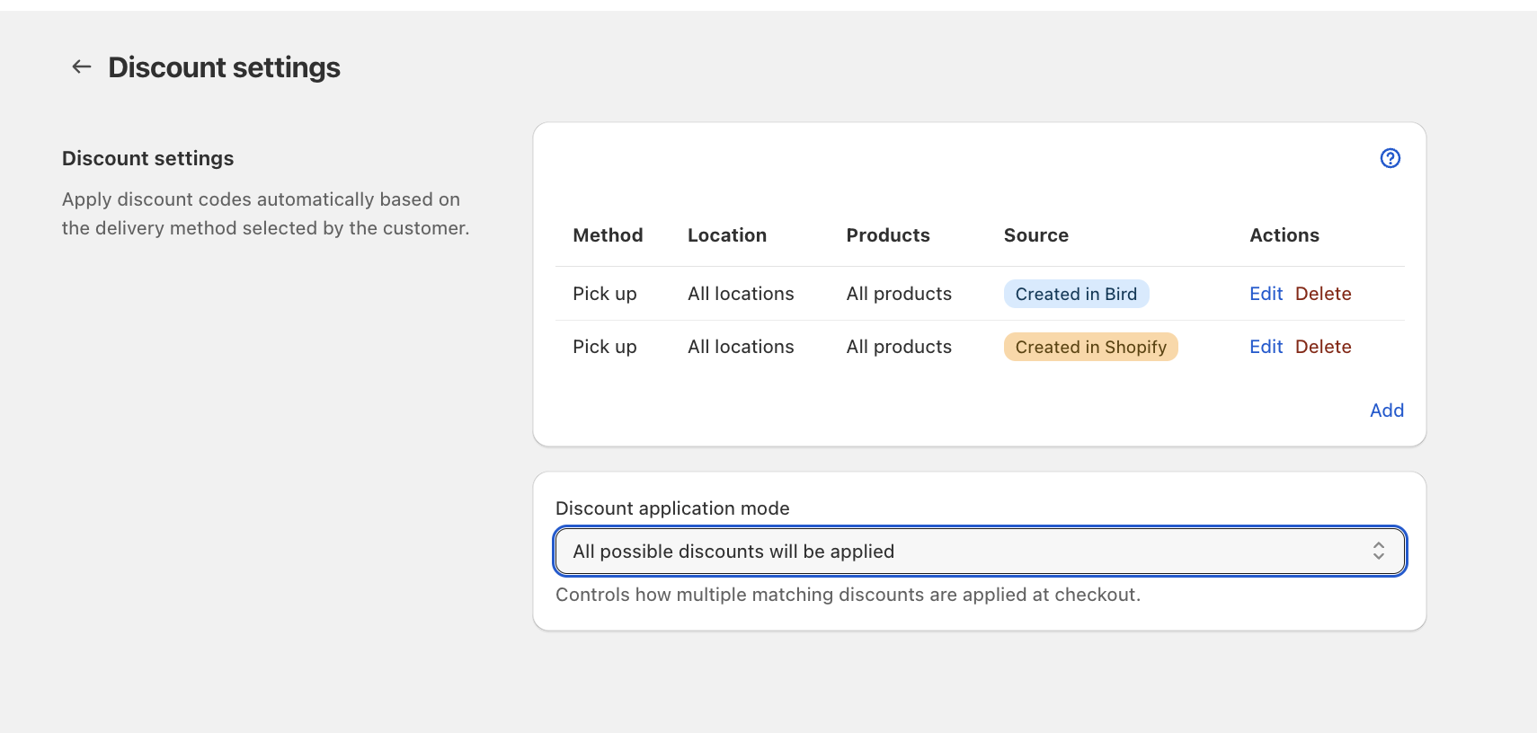 Discount settings page in the Bird app listing each discount's method, location, products and source, with the Add button and the Discount application mode setting