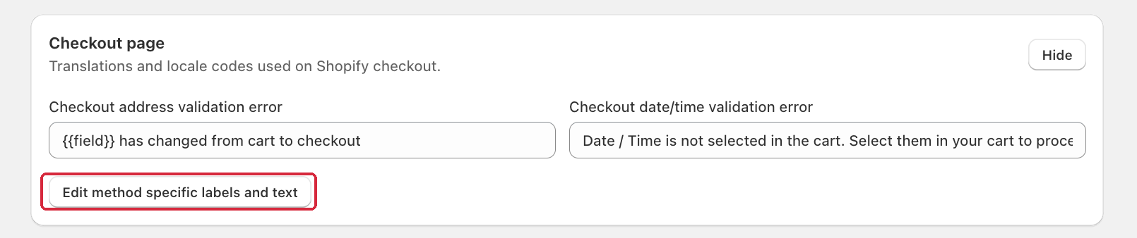Checkout page section with the Edit method specific labels and text button highlighted