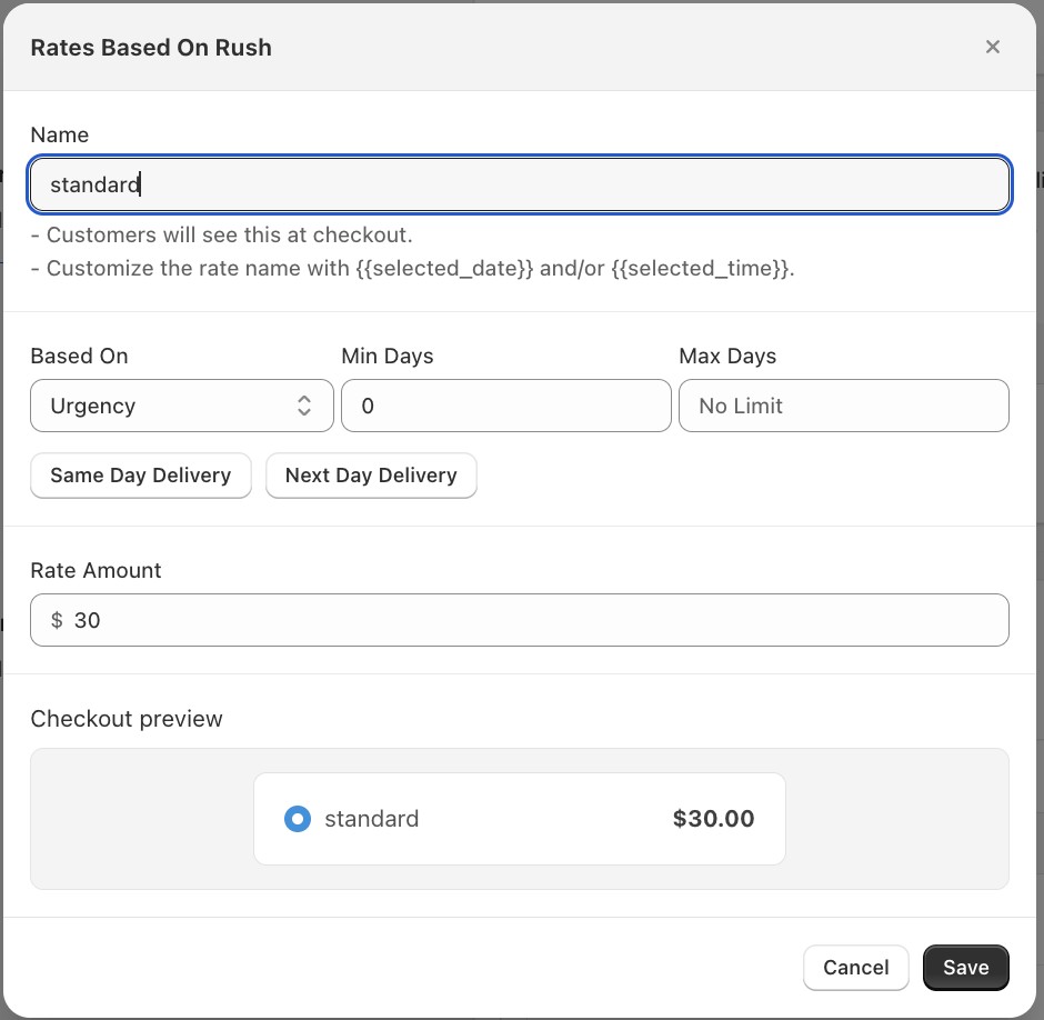 Rate settings with presets and a live checkout preview of the formatted rate