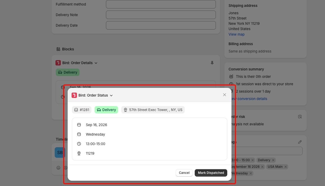 Manage Status clicked on the Bird Order Details block, opening the Bird Order Status window over the order page