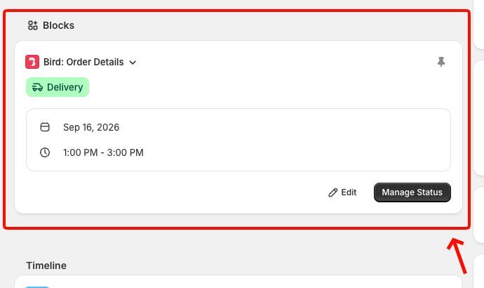Bird Order Details block on a Shopify order page, showing the delivery badge, the scheduled date and time, and the Edit and Manage Status buttons