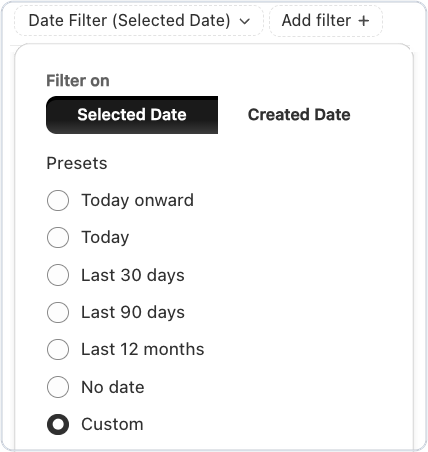 Date filter on the Bird Orders page with Selected date, Created date and preset ranges