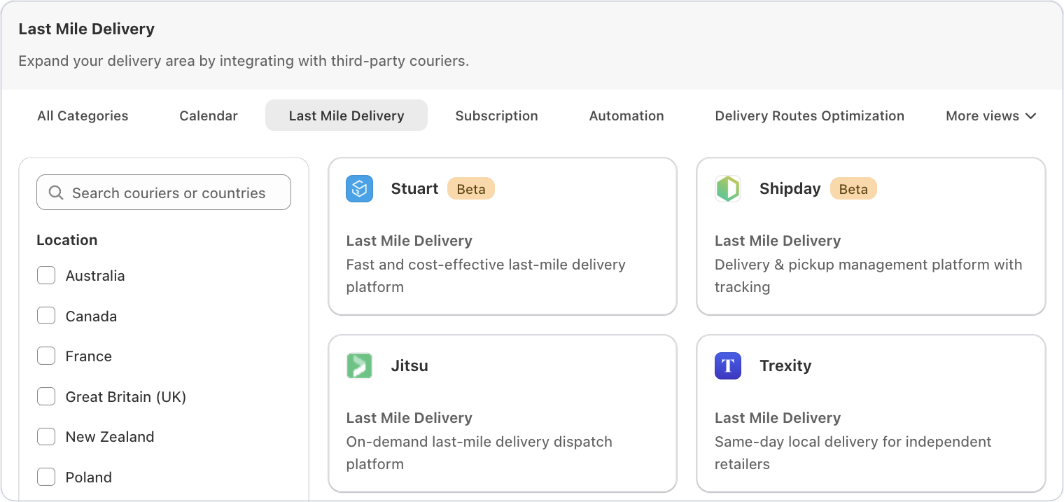 Bird's Last Mile Delivery courier catalog with the country filter