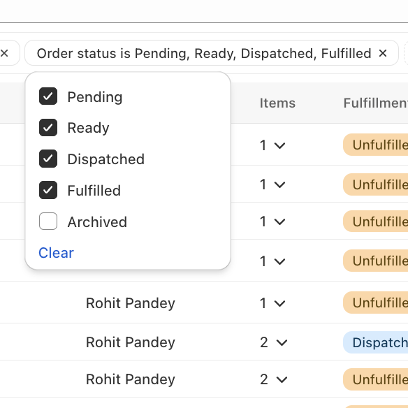 Shows the Order status filter with checkboxes for Pending, Ready, Dispatched, Fulfilled, and Archived