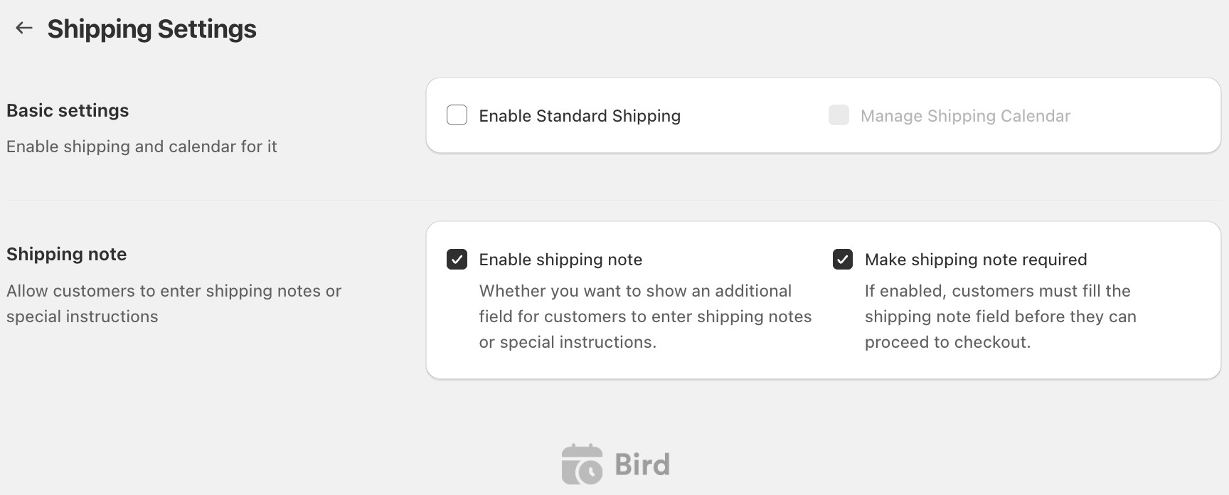 Shipping delivery note option with a toggle to make the note mandatory