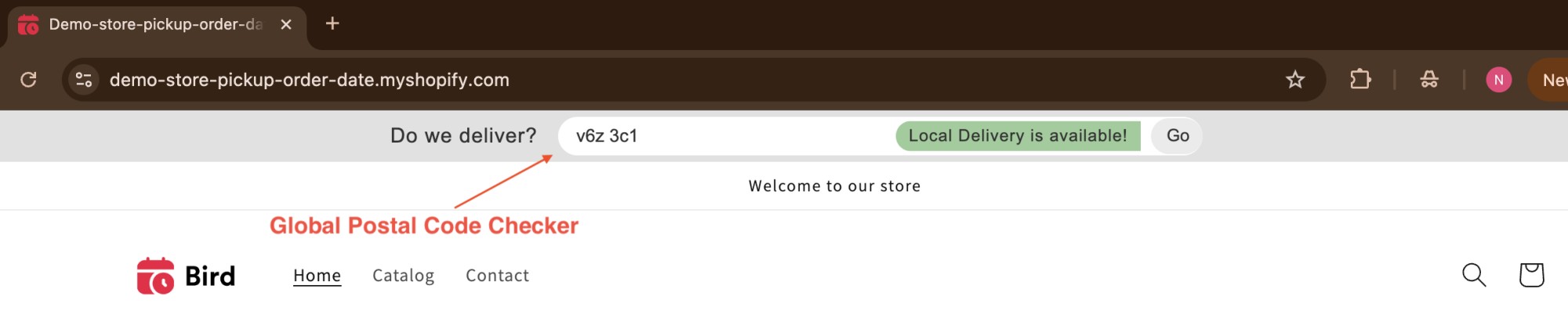 Global postal code checker at the top of the storefront