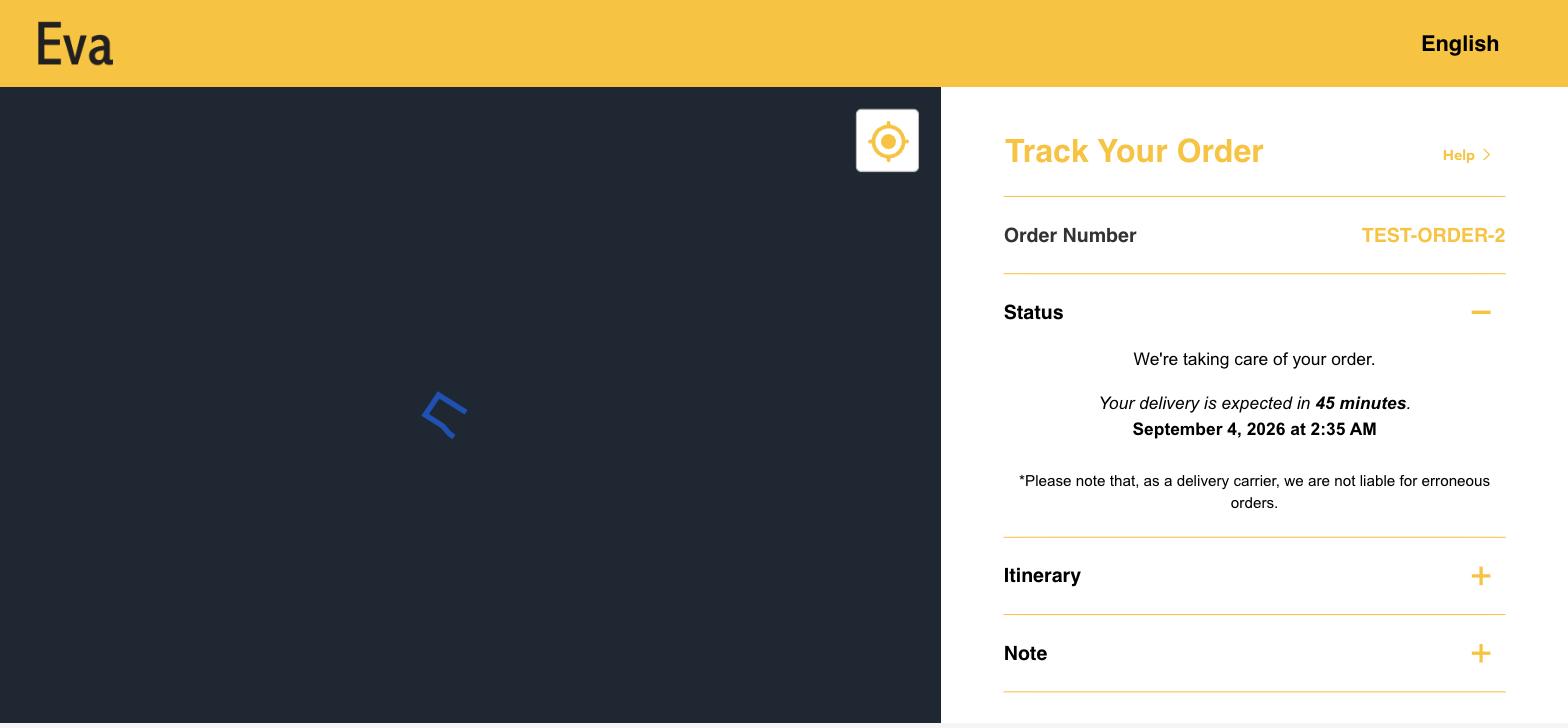 Eva's live tracking page, showing order status and estimated delivery time