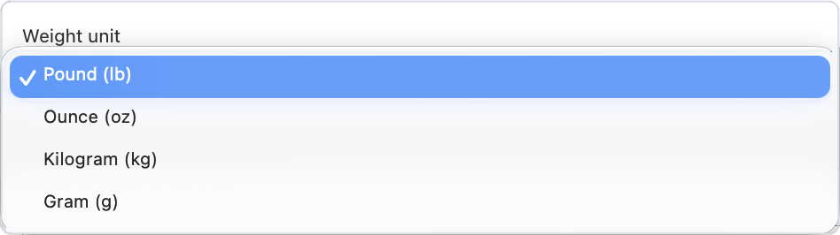 Weight unit dropdown in Bird's Rates settings with pound, ounce, kilogram and gram