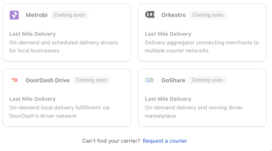 Shows the Request a courier link below the Coming soon couriers