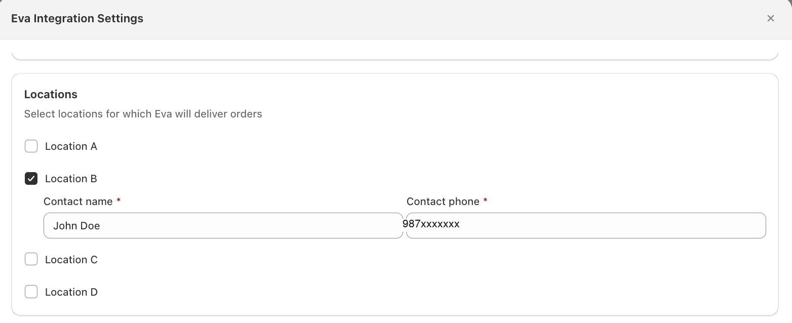 Eva Integration Settings showing the Locations panel with one location ticked, Contact name and a masked Contact phone filled in