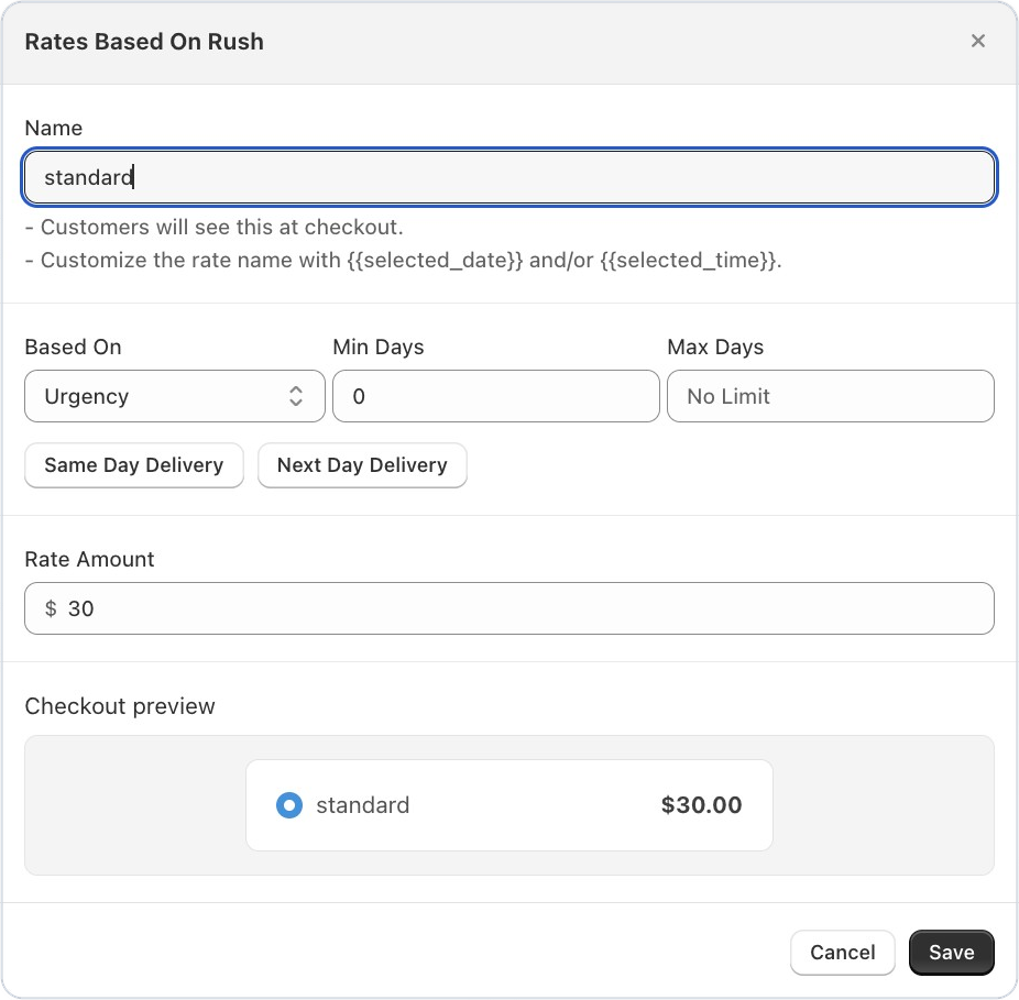 Bird delivery rate form with Same Day Delivery and Next Day Delivery presets and a checkout preview