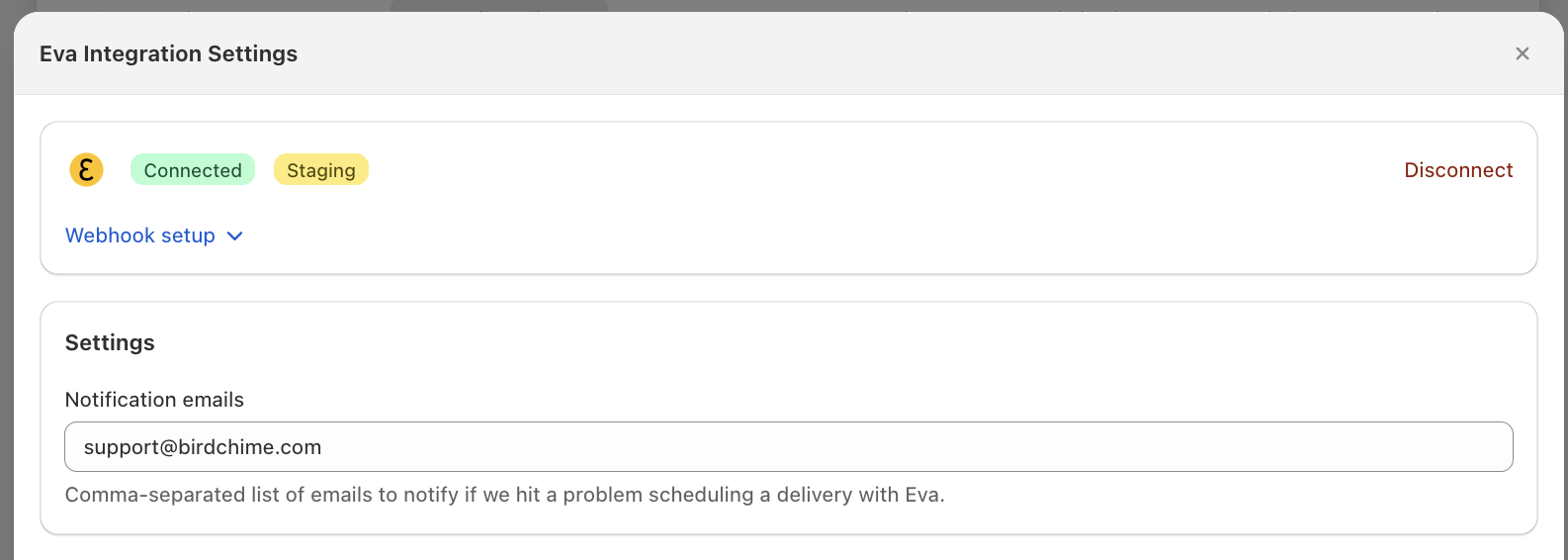 Eva Integration Settings showing Connected and Staging badges, Webhook setup link, and the Notification emails field