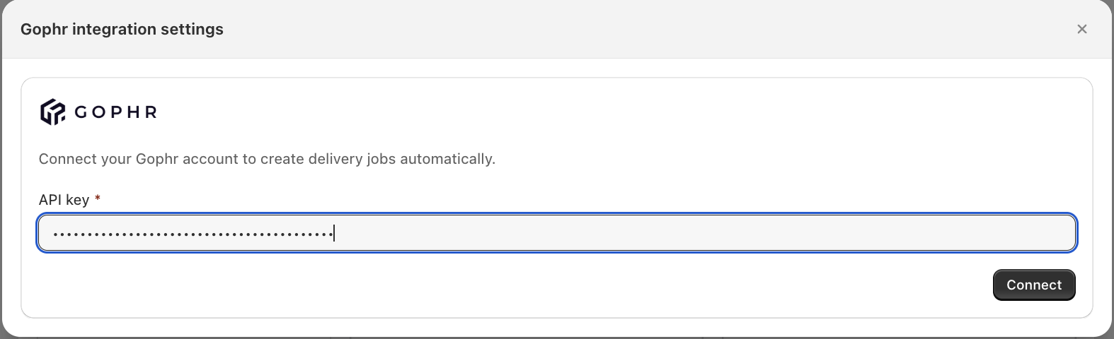 Shows the Gophr integration settings with the API key field and Connect button