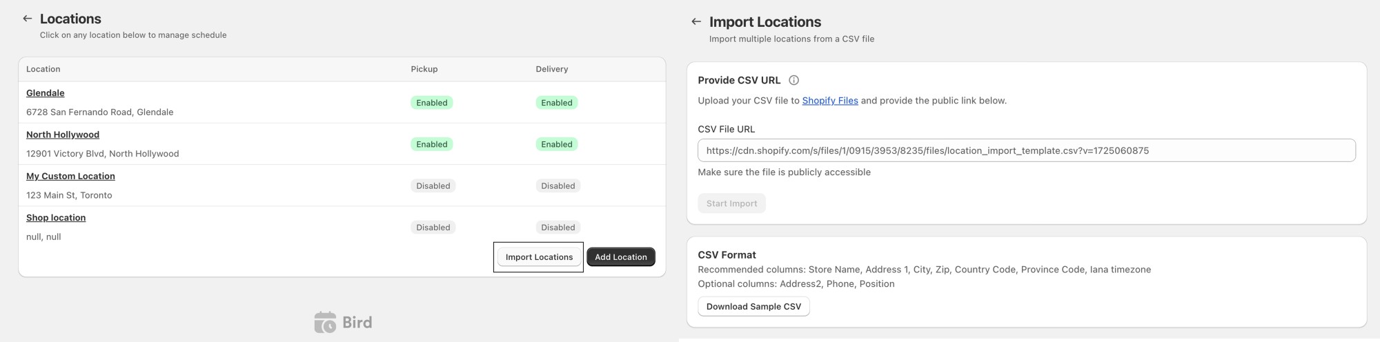 Imported pickup and delivery locations listed after a CSV upload