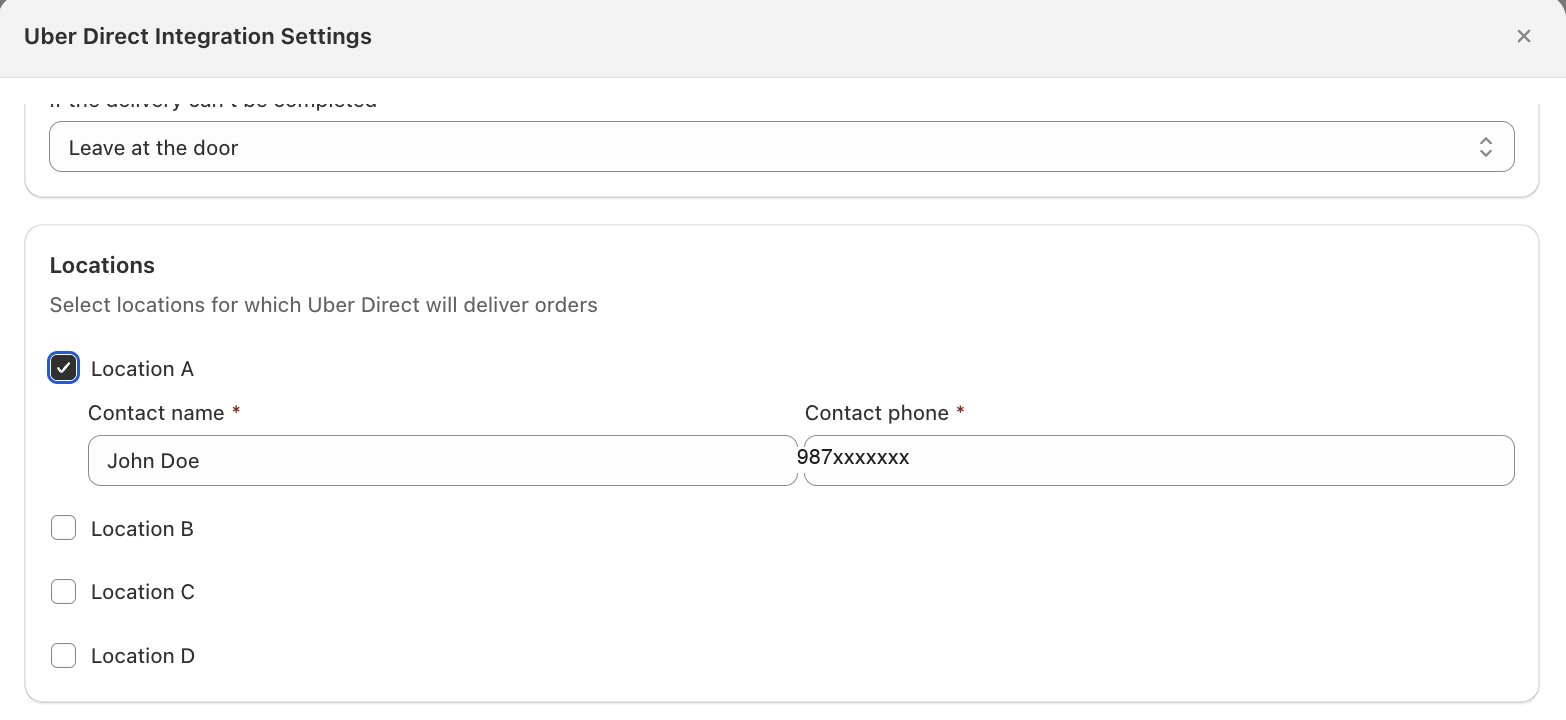 Uber Direct Integration Settings showing the Locations panel with one location ticked, Contact name and a masked Contact phone filled in