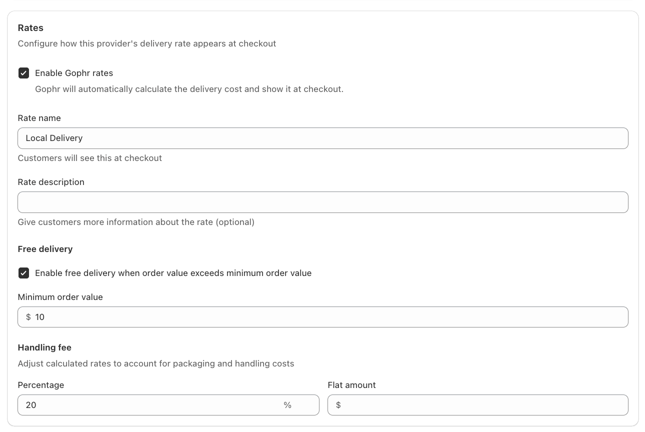 Example of Gophr rates configured with a rate name, free delivery and a handling fee