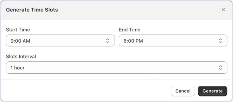 Generate Time Slots window in Bird with start time, end time and slot interval