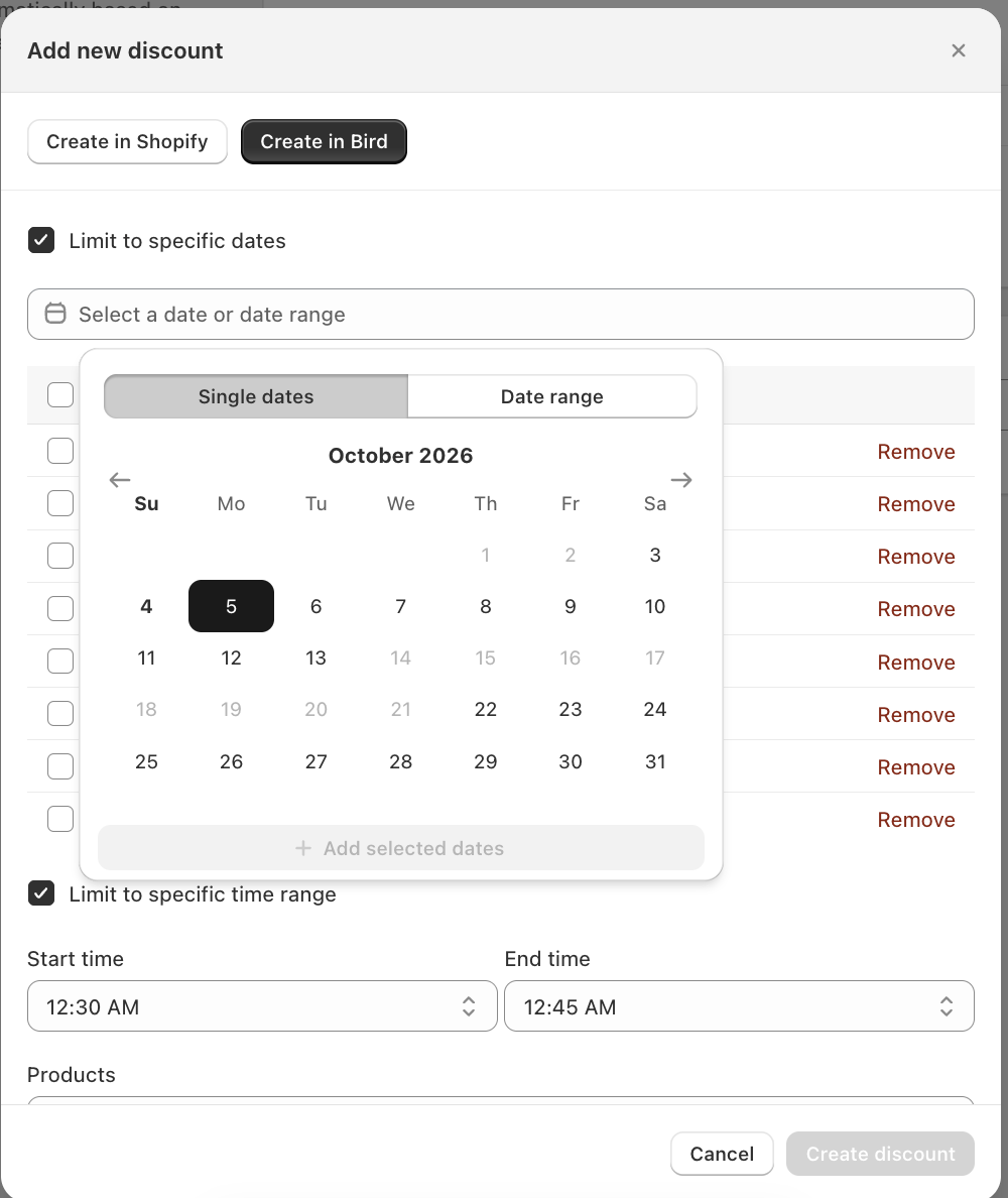 Date picker for Limit to specific dates, with Single dates and Date range options and the Add selected dates button