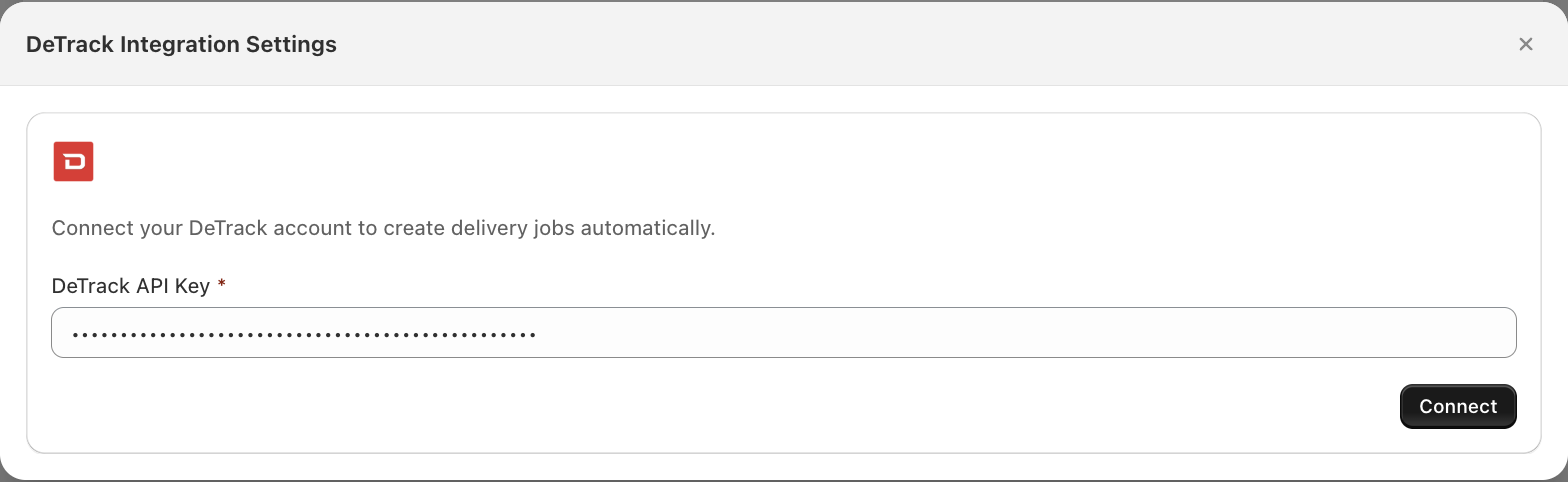DeTrack Integration Settings modal with an empty API key field and a Connect button