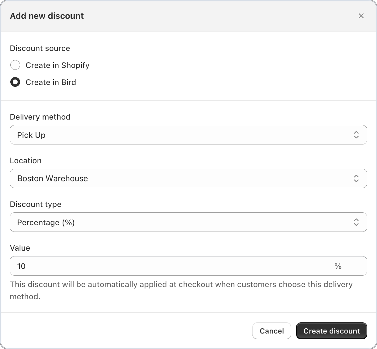 Add new discount in Bird with Create in Bird, Pick Up and a Boston Warehouse location selected