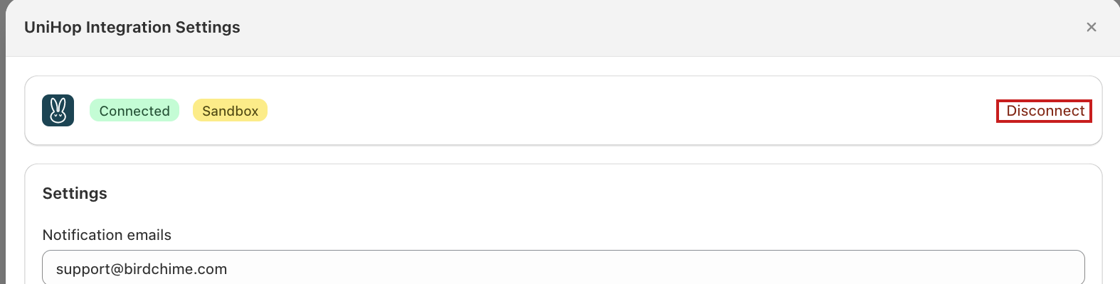 UniHop Integration Settings modal with the Disconnect link highlighted next to the Connected and Sandbox badges