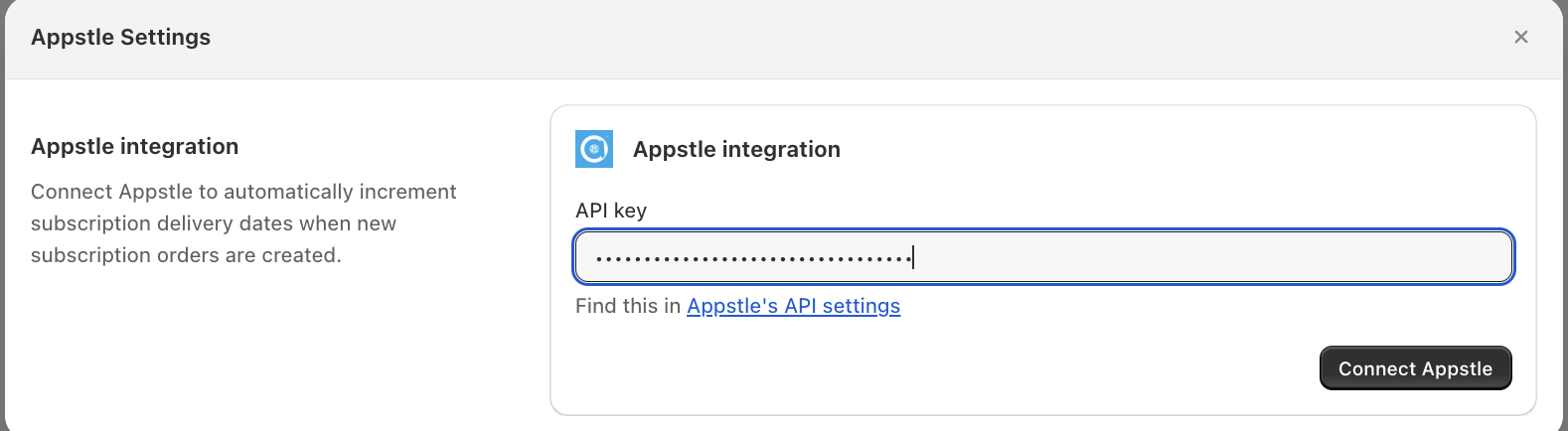 Appstle Settings window with the API key field and Connect Appstle button