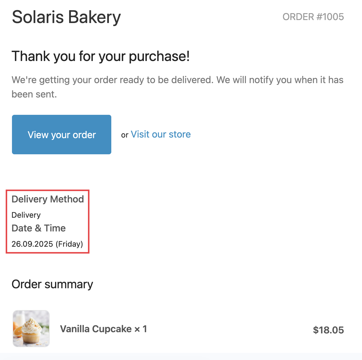Shows order confirmation email displaying delivery method, date and time information, with the Delivery Method and Date & Time block highlighted