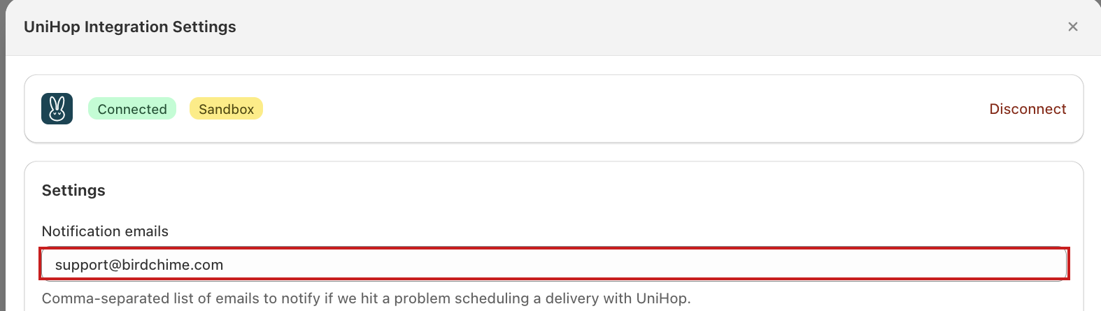 Notification emails field, highlighted, at the top of the Settings panel