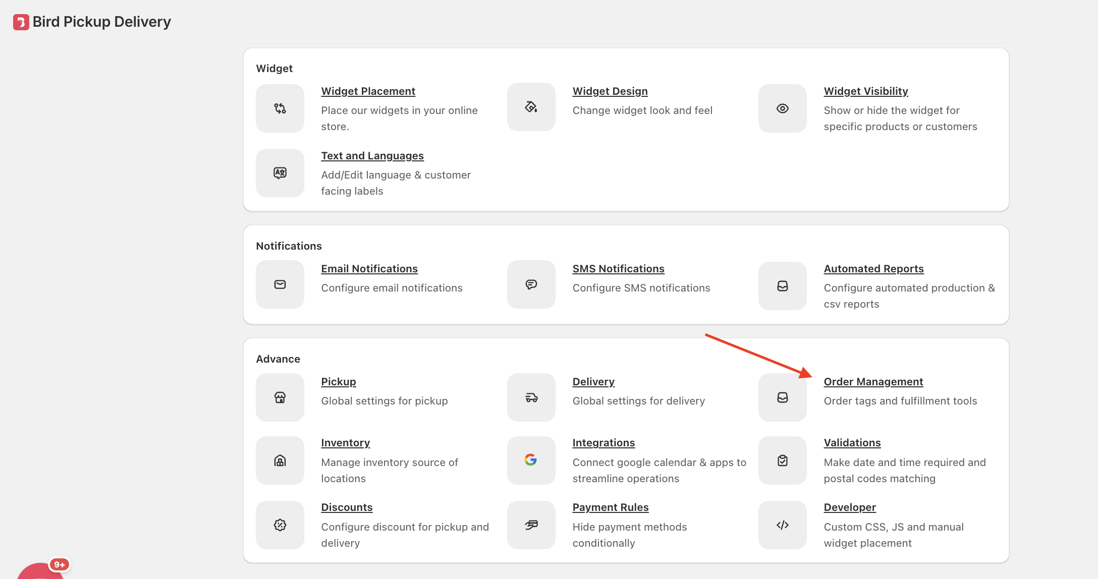 The Bird Settings home screen with an arrow pointing to the Order Management tile under the Advance section