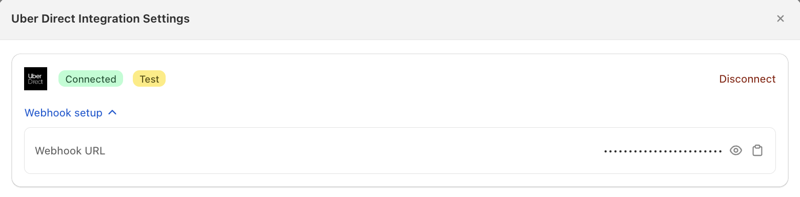 Uber Direct shows Connected and Test status with webhook setup