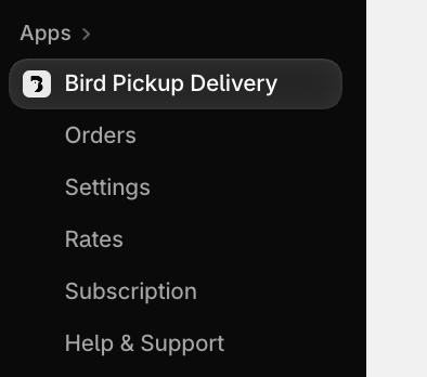 Shopify admin sidebar with Bird Pickup Delivery selected under Apps