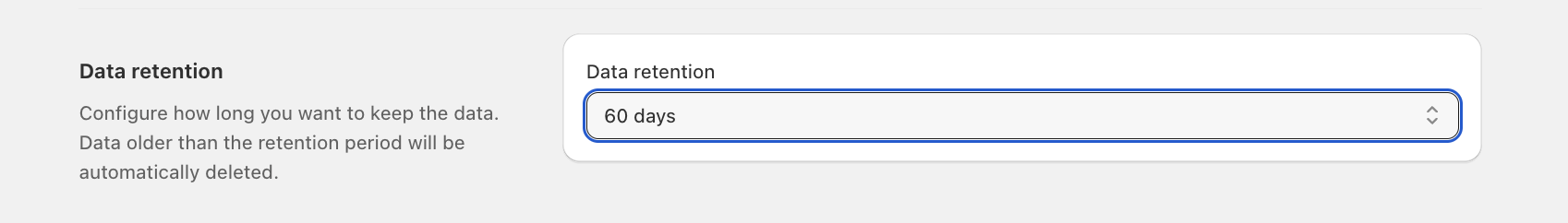 The Data retention setting in Order Management, showing the current value set to 60 days