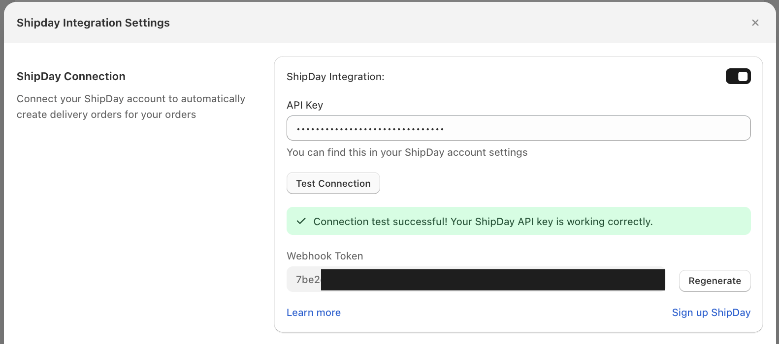 Shipday Integration Settings with the integration connected and a successful Test Connection result