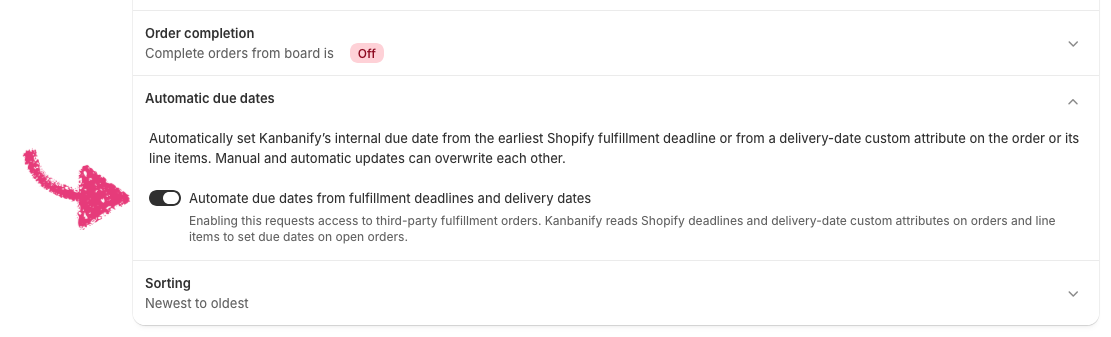 Automatic due dates settings section with the toggle turned on