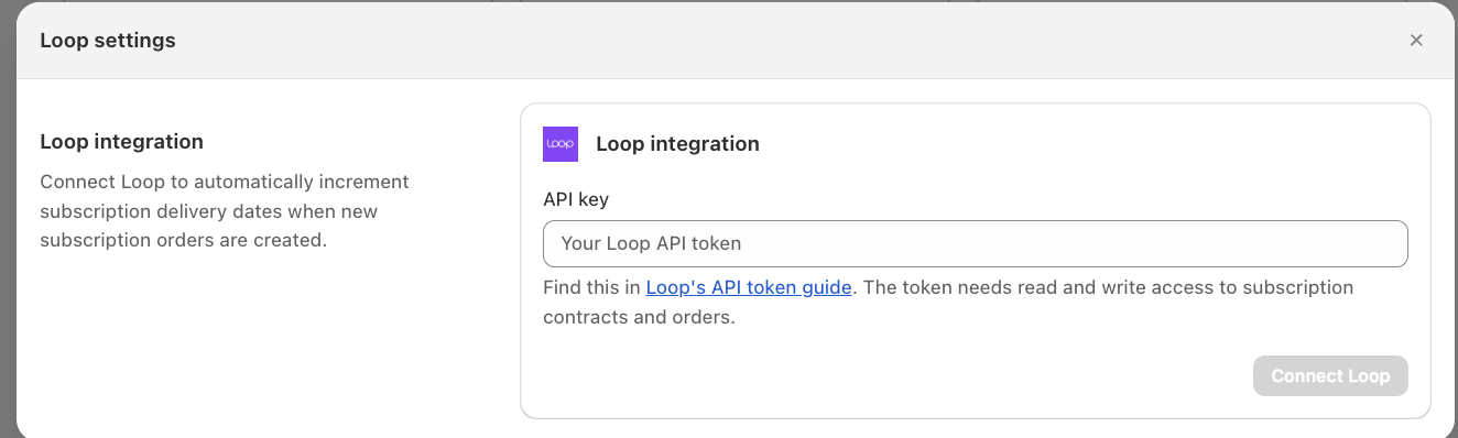 Loop settings in Bird with the API key field and the Connect Loop button