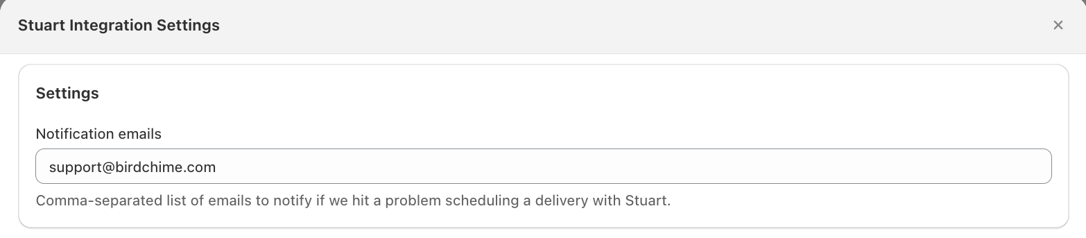 Notification emails field in the Stuart Settings panel