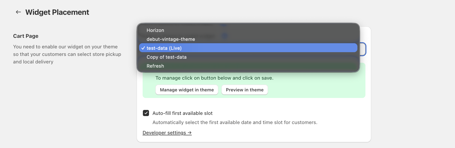 Theme dropdown open under Cart Page, listing the store's available themes