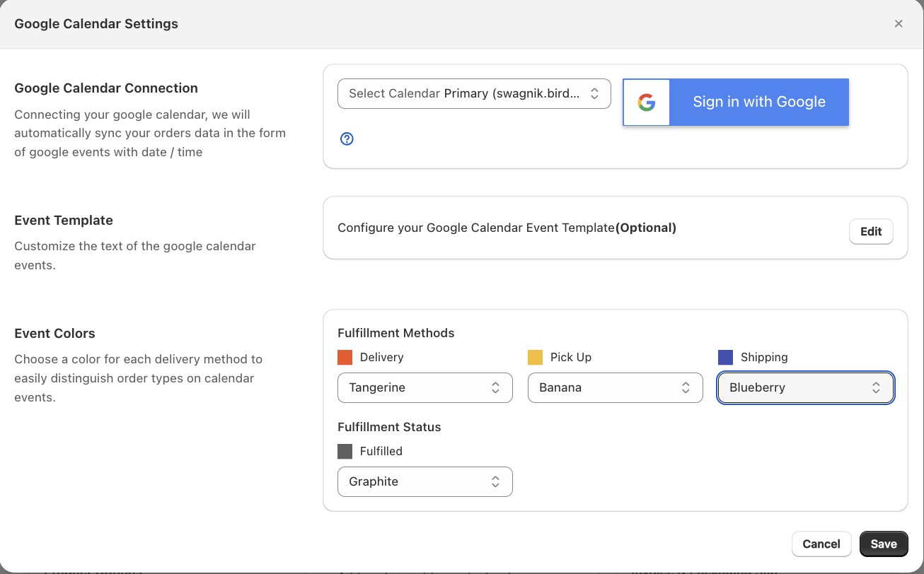 Google Calendar showing Bird orders color-coded by fulfillment method