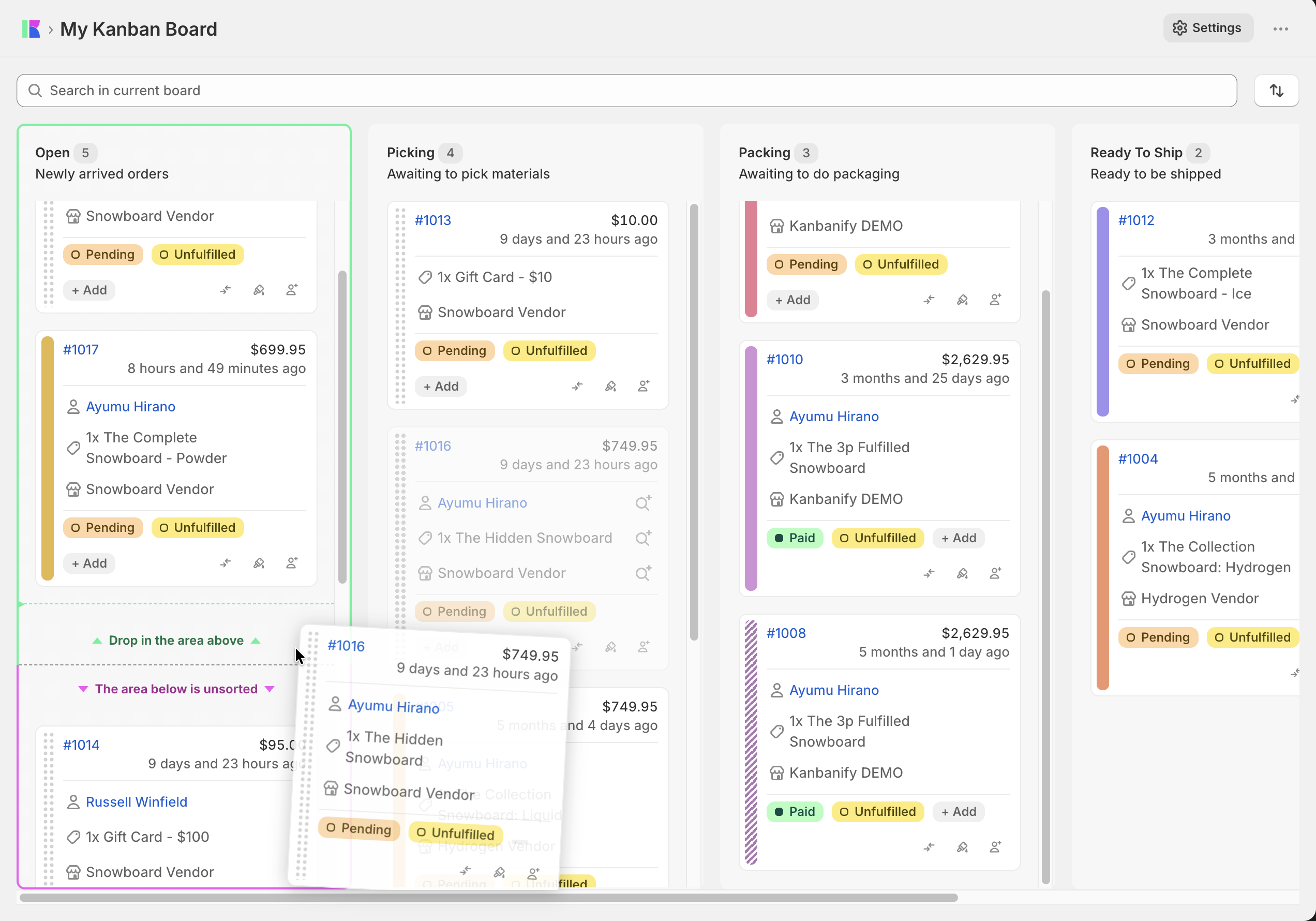 Manual sorting visual feedback on the board