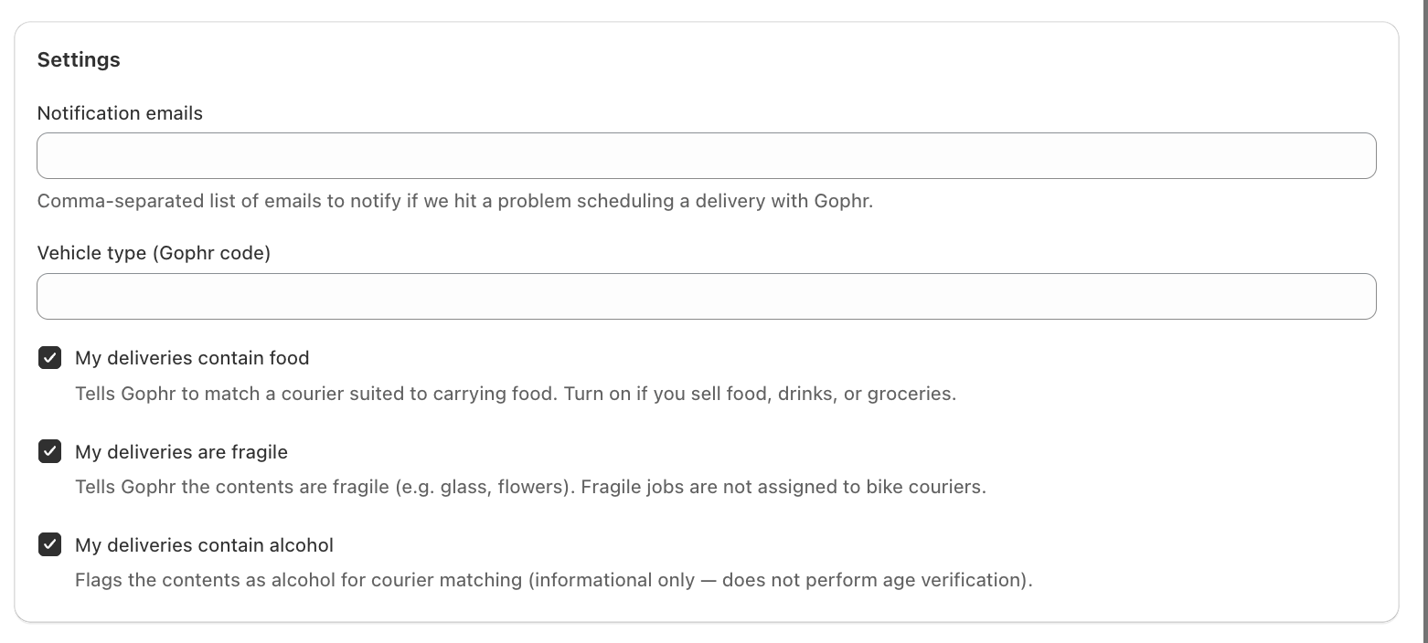 Shows the Gophr Settings card with notification emails, vehicle type and delivery options