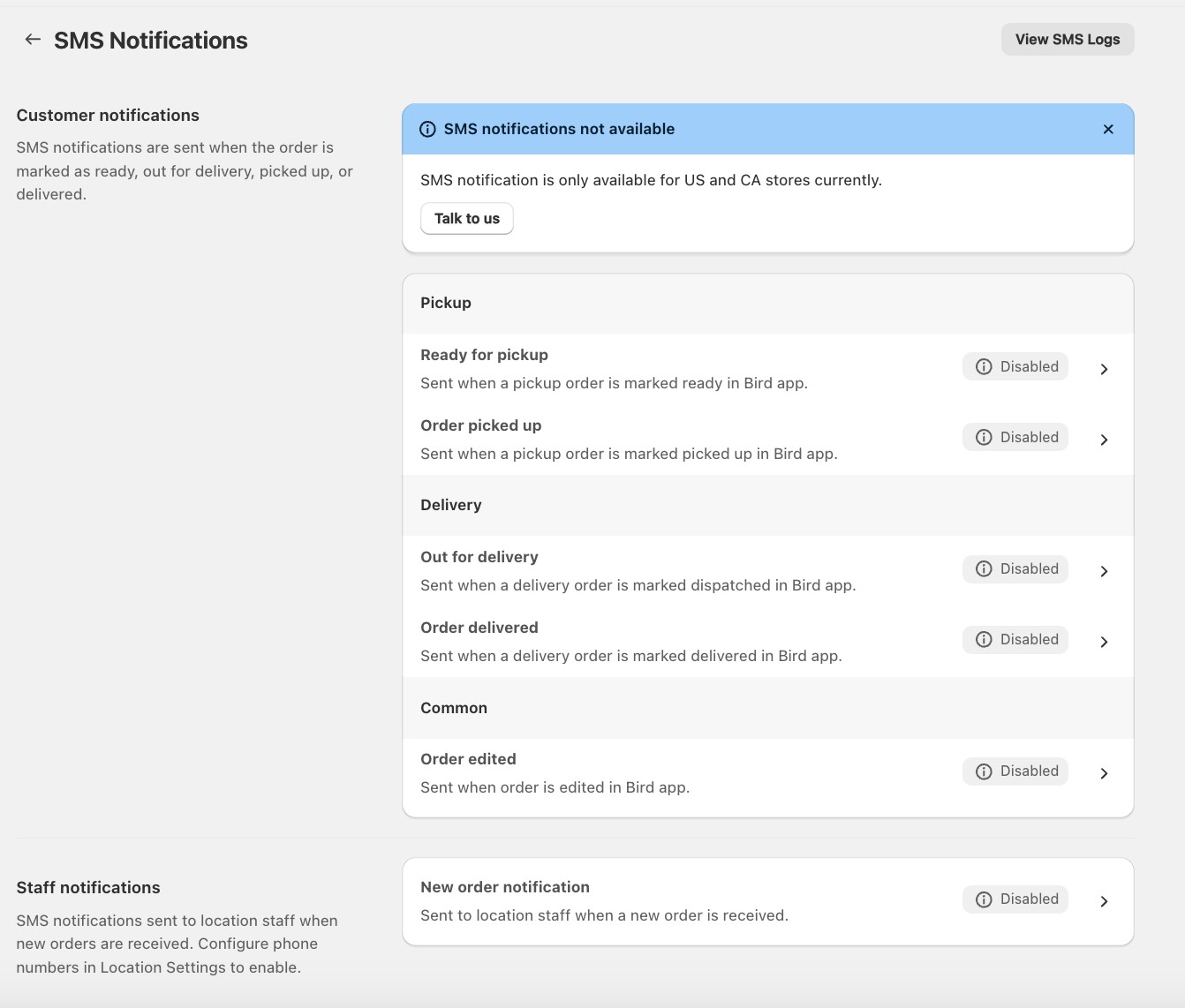 SMS order notification settings for US and Canada merchants