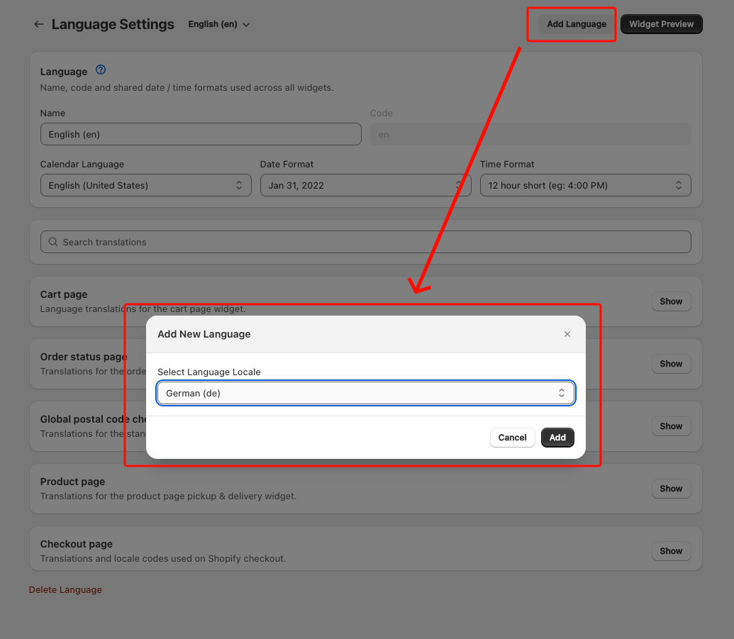 Add Language in the page header, with the Add New Language dialog open