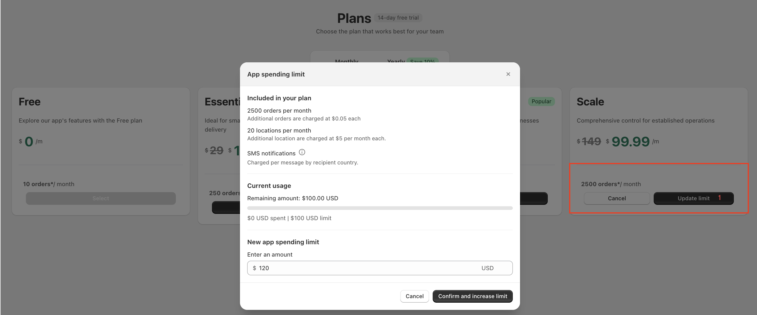 App spending limit dialog, showing extra orders, extra locations, and SMS notifications (charged per message by recipient country) all drawing from one limit