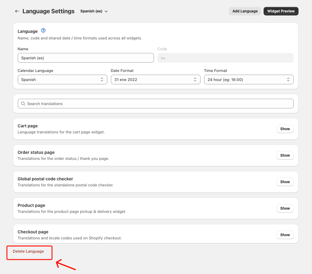 Delete Language at the bottom of the language editor