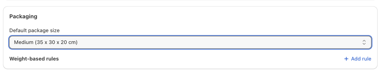 Shows the Trexity Packaging card with a default package size and the Add rule link