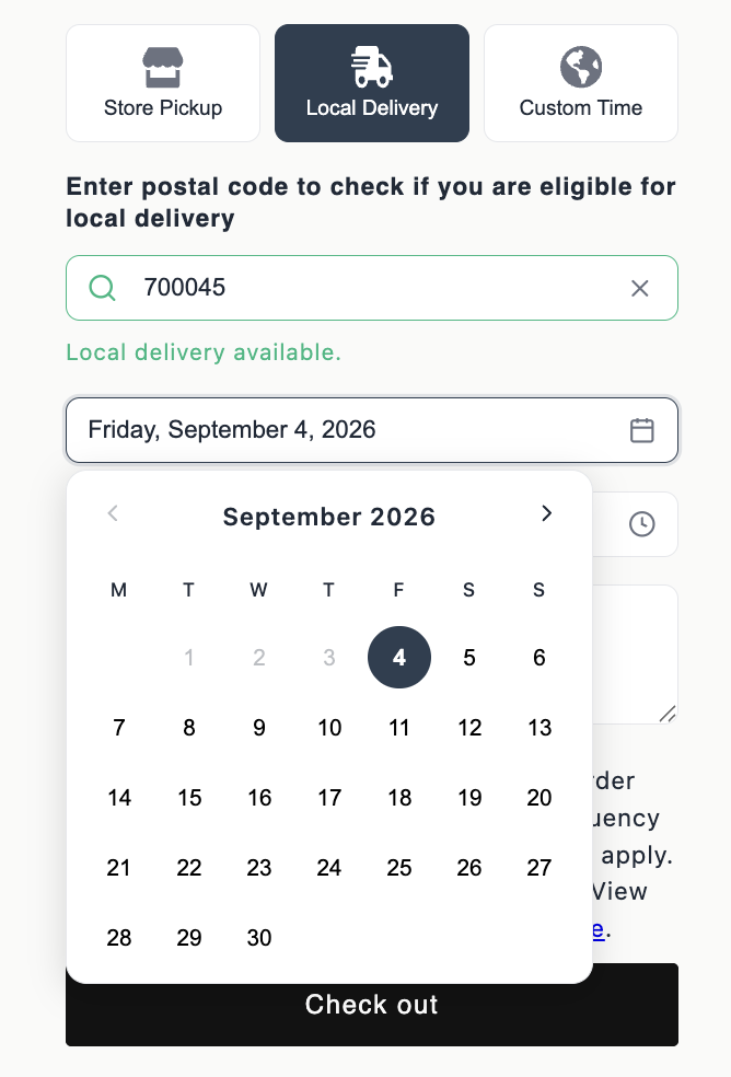 Local Delivery tab showing postal code check and calendar availability