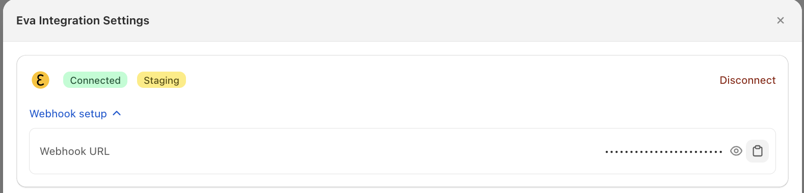 Eva Integration Settings with Webhook setup expanded, showing the masked Webhook URL field