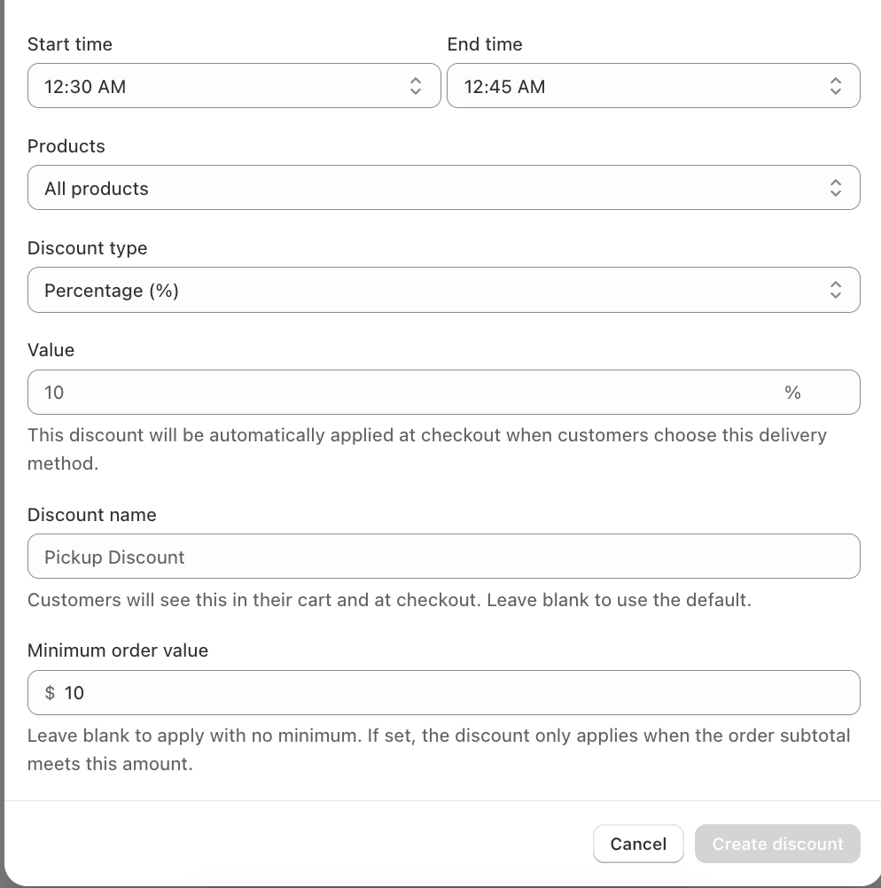 Lower half of the Create in Bird form, showing the discount name and minimum order value fields